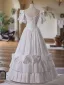 Vintage / Retro Medieval White Pearl Lace Flower Wedding Dresses 2025 Ball Gown Scoop Neck Short Sleeve Backless Floor-Length / Long Wedding