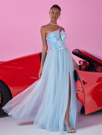 Sexy Sky Blue Sequins Split Front Prom Dresses 2025 A Line Princess One Shoulder Sleeveless Backless Floor Length Long Formal Dresses
