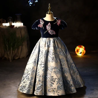 Chic Belle Bleu Marine Perlage Paillettes Anniversaire Robe Ceremonie Fille 2022 Robe Boule Encolure Dégagée Manches Courtes Longue Robe Ceremonie Fille