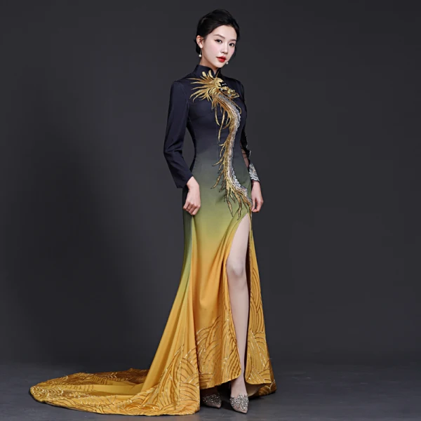 Chinese style Vintage / Retro Black Gold Satin Split Front Evening Dresses 2023 Trumpet / Mermaid High Neck Lace Flower Long Sleeve Backless Sweep Train Evening Party Formal Dresses