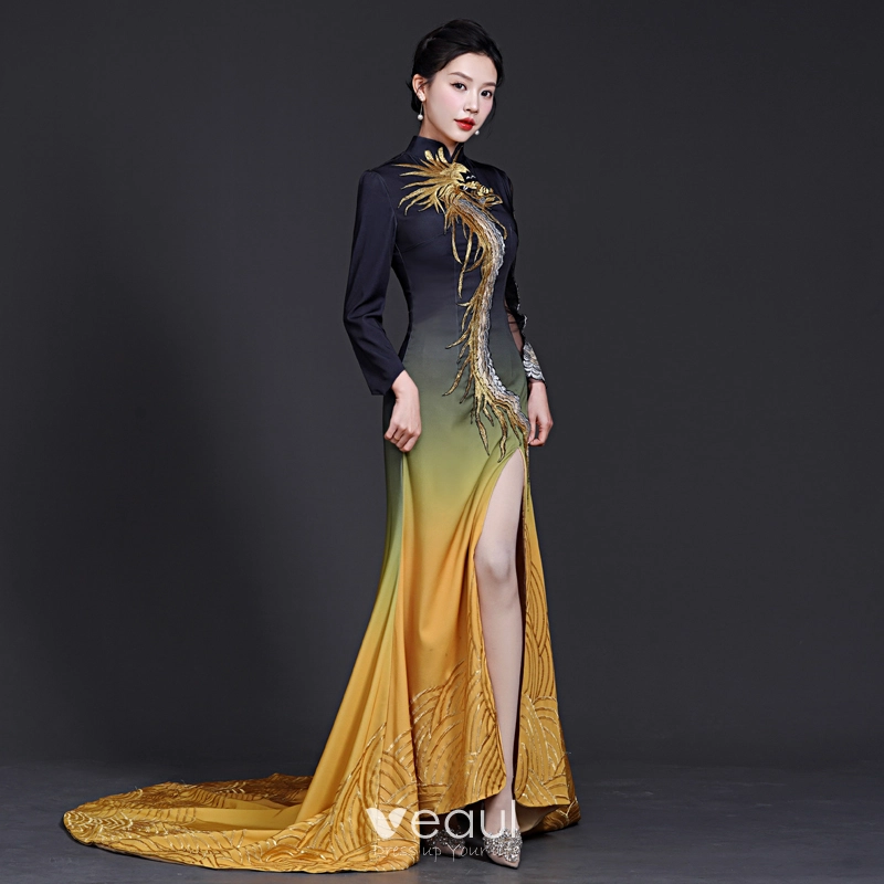 Chinese style Vintage Retro Black Gold Satin Split Front Evening Dresses 2023 Trumpet