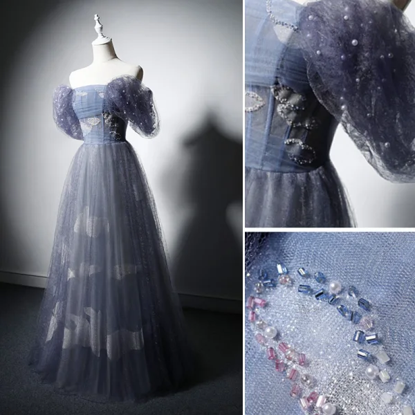Charmant Océan Bleu Perlage Perle Paillettes Robe De Soirée 2022 Princesse De l'épaule Manches Courtes Dos Nu Longue Promo Robe De Ceremonie