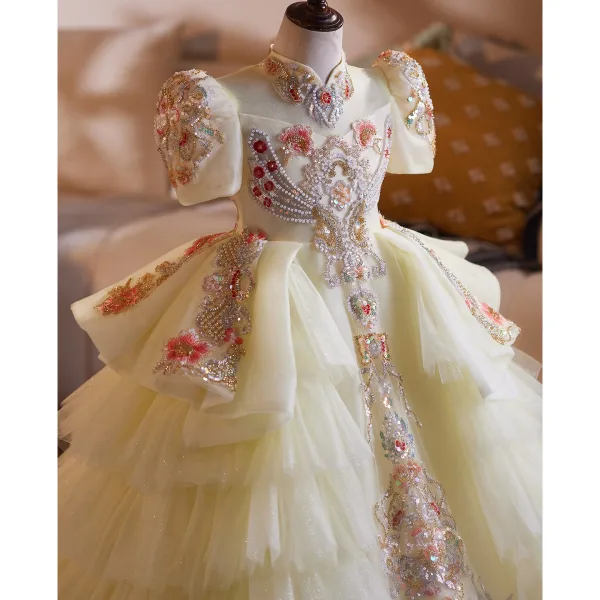 Vintage / Retro Medieval Champagne Beading Lace Flower Pearl Sequins Cascading Ruffles Birthday Flower Girl Dresses 2025 Ball Gown High Neck Short Sleeve