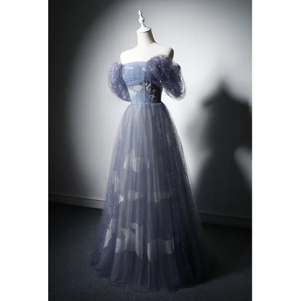 Charmant Océan Bleu Perlage Perle Paillettes Robe De Soirée 2022 Princesse De l'épaule Manches Courtes Dos Nu Longue Promo Robe De Ceremonie