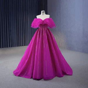 Mode Fushia Perlage Robe De Bal 2023 Robe Boule De L Épaule Manches Courtes Dos Nu Longue Promo Robe De Ceremonie