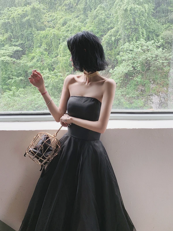 Chic / Beautiful Black Prom Dresses 2022 A-Line / Princess Strapless Sleeveless Backless Floor-Length / Long Prom Formal Dresses