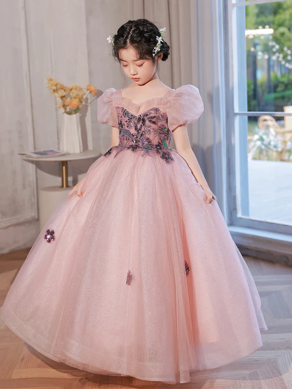 Chic / Beautiful Blushing Pink Sequins Birthday Flower Girl Dresses 2022 Ball Gown Square Neckline Puffy Short Sleeve Backless Floor-Length / Long Flower Girl Dresses