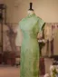 Chinese style Sage Green Split Front Silk Cheongsam 2026 Trumpet / Mermaid High Neck Short Sleeve Tea-length