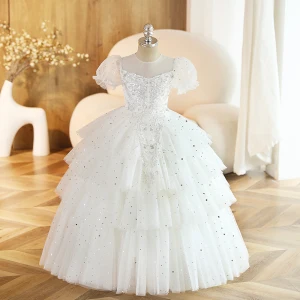 Hermoso Blanco Rebordear Estrella Lentejuelas Volantes En Cascada Vestidos Para Niñas 2023 Ball Gown Scoop Escote Hinchado Manga Corta Largos Gala Vestidos Para Niñas