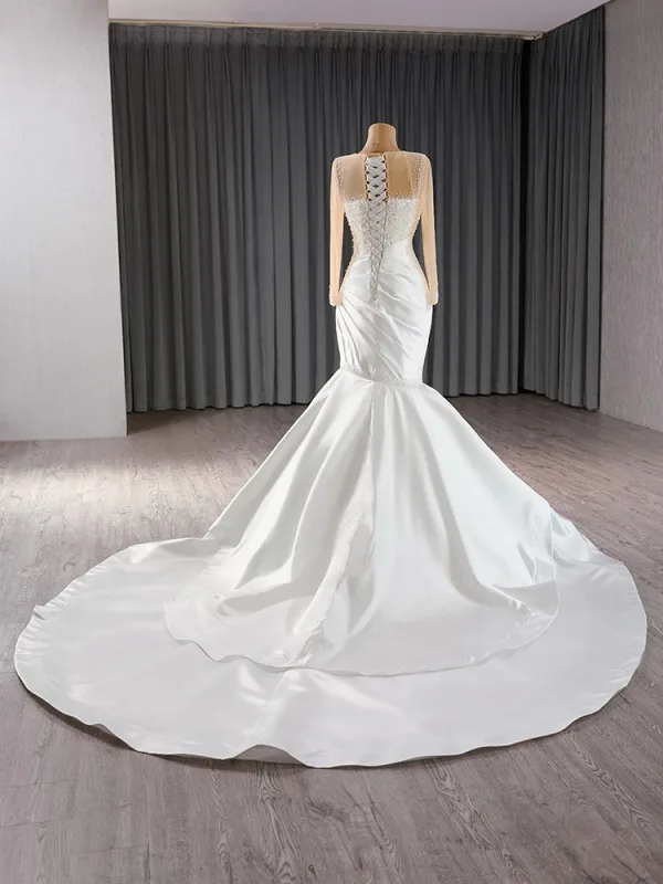 High-end Elegant White Pearl Sequins Satin Wedding Dresses 2024 Trumpet / Mermaid Scoop Neck Long Sleeve Floor-Length / Long Wedding