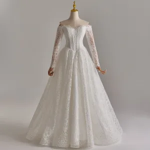 Simple Blanche En Dentelle Fleur Robe De Mariée 2025 Princesse De L Épaule Manches Longues Dos Nu Longue