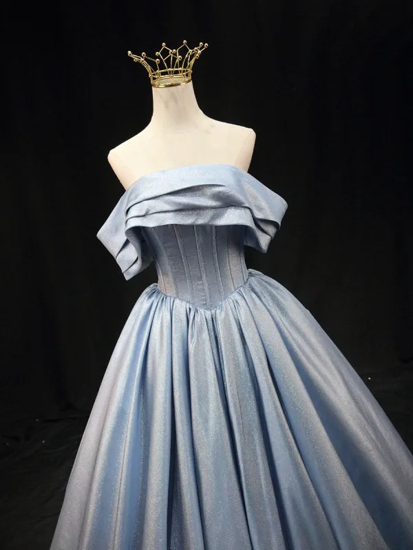 Chic / Beautiful Sky Blue Off-The-Shoulder Prom Dresses 2025 Ball Gown Short Sleeve Backless Floor-Length / Long Prom Formal Dresses