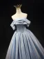 Chic / Beautiful Sky Blue Off-The-Shoulder Prom Dresses 2025 Ball Gown Short Sleeve Backless Floor-Length / Long Prom Formal Dresses