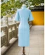 Chinese style Watermelon Tea-length Prom Cheongsam 2024 Trumpet / Mermaid High Neck Bell sleeves