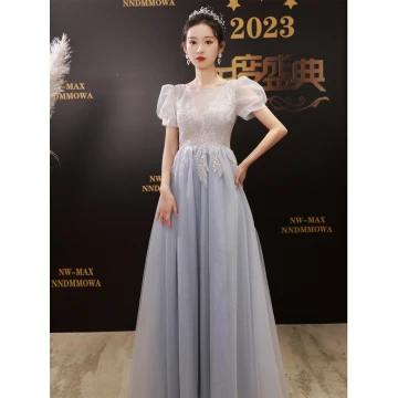 Chic Belle Bleu Ciel Paillettes Perlage Robe De Bal 2023 Princesse Encolure Dégagée Manches Courtes Dos Nu Longue Robe De Ceremonie