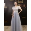 Chic / Beautiful Sky Blue Sequins Beading Prom Dresses 2023 A-Line / Princess Scoop Neck Short Sleeve Backless Floor-Length / Long Formal Dresses