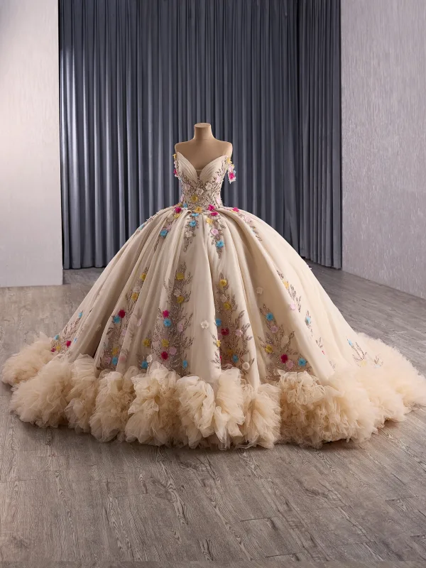 Luxury / Gorgeous Champagne Handmade  Rhinestone Appliques Sequins Prom Dresses 2025 Ball Gown Off-The-Shoulder Short Sleeve Backless Court Train Formal Dresses