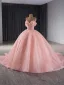 High End Schön Rosa Handgefertigt Perlenstickerei Pailletten Ballkleider 2024 Ballkleid Bandeau Ärmellos Rückenfreies Kapelle-Schleppe Ball Festliche Kleider