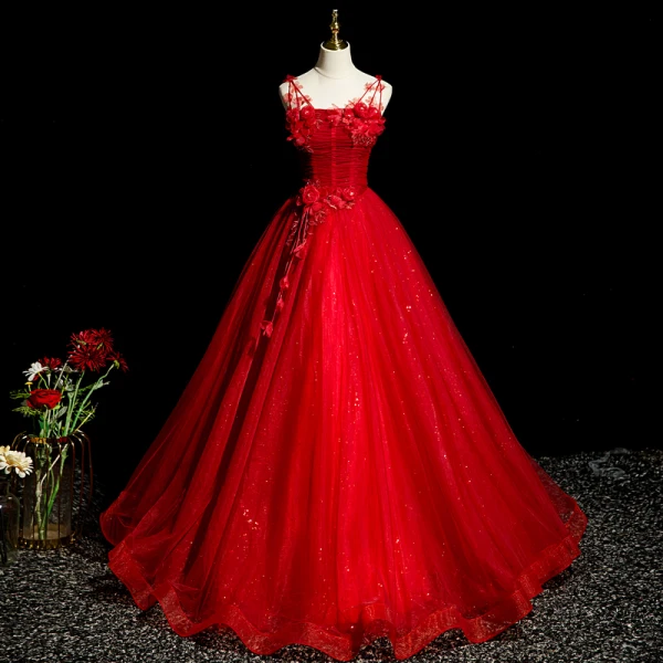 Elegant Red Beading Lace Flower Appliques Prom Dresses 2023 Ball Gown Spaghetti Straps Rhinestone Short Sleeve Backless Floor-Length / Long Prom Formal Dresses
