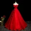 Elegant Red Beading Lace Flower Appliques Prom Dresses 2023 Ball Gown Spaghetti Straps Rhinestone Short Sleeve Backless Floor-Length / Long Prom Formal Dresses