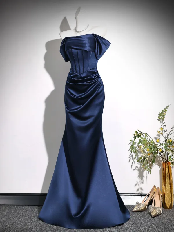 Vintage / Retro Navy Blue Evening Dresses 2026 Trumpet / Mermaid Off-The-Shoulder Short Sleeve Backless Floor-Length / Long Formal Dresses