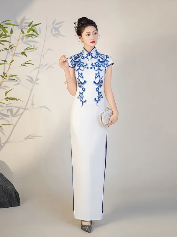 Chinese style White Lace Flower Split Front Cheongsam 2025 Trumpet / Mermaid High Neck Short Sleeve Floor-Length / Long Evening Party Cheongsam / Qipao