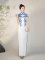 Chinese style White Lace Flower Split Front Cheongsam 2025 Trumpet / Mermaid High Neck Short Sleeve Floor-Length / Long Evening Party Cheongsam / Qipao