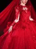 Vintage / Retro Red Beading Appliques Lace Flower Wedding Dresses 2024 Ball Gown Scoop Neck Long Sleeve Royal Train Wedding