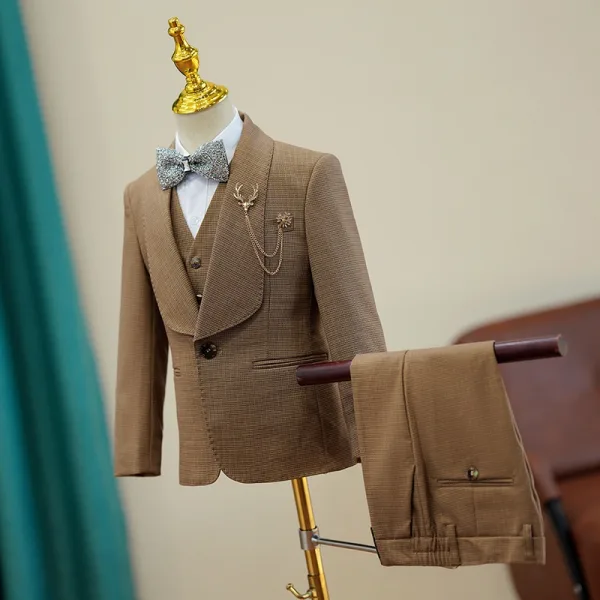 Coffee Long Sleeve 6-piece Boys Wedding Suits 2024 Wedding Body Jewellery Coat Pants Shirt Tie Vest