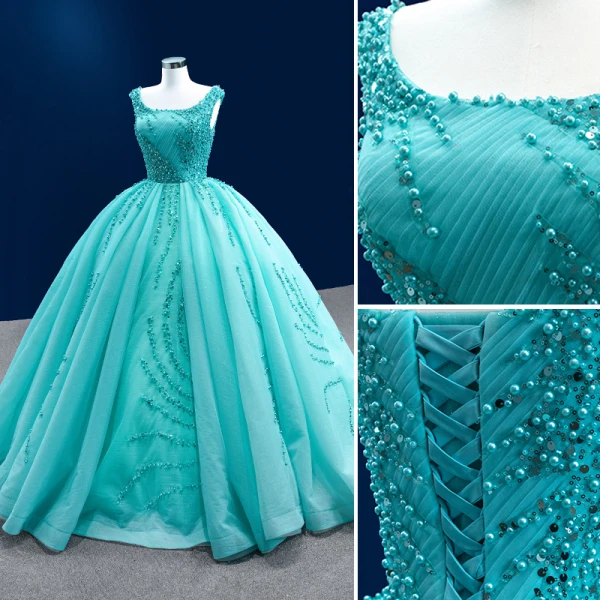 High-end Mint Green Handmade Beading Pearl Sequins Prom Dresses 2022 Ball Gown U-Neck Sleeveless Backless Court Train Prom Formal Dresses