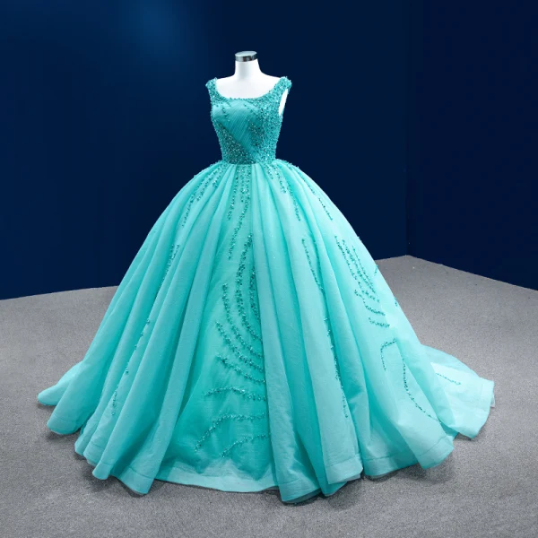 High-end Mint Green Handmade Beading Pearl Sequins Prom Dresses 2022 Ball Gown U-Neck Sleeveless Backless Court Train Prom Formal Dresses