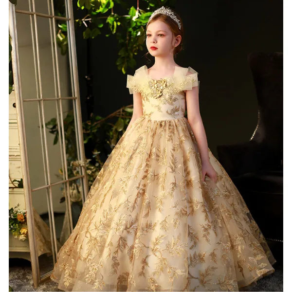 Fashion Gold Sequins Pearl Lace Flower Prom Flower Girl Dresses 2022 Ball Gown Scoop Neck Short Sleeve Floor-Length / Long Flower Girl Dresses