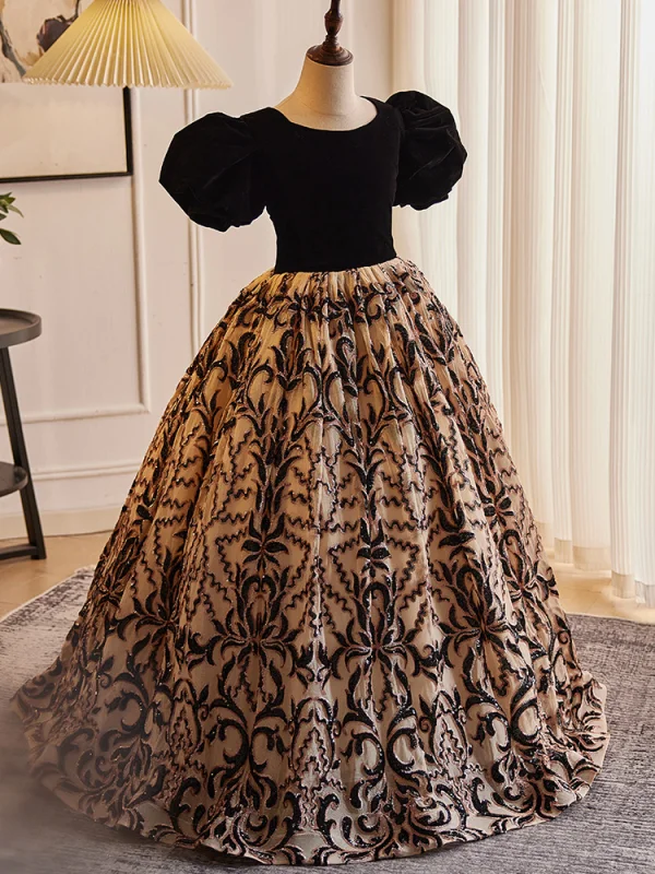 Vintage / Retro Black Printing Birthday Flower Girl Dresses 2024 Ball Gown Scoop Neck Puffy Short Sleeve Backless