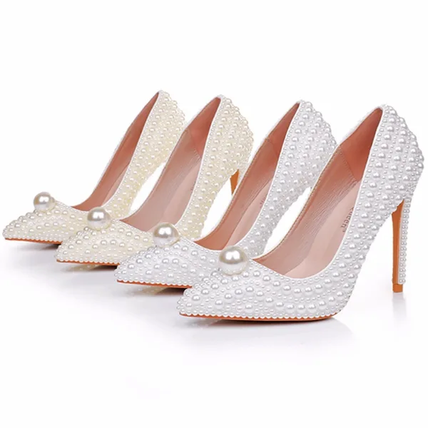 Elegante Witte Parel Bruidsschoenen 2025 11 cm Naaldhakken / Stiletto Spitse Neus Huwelijk Pumps Hoge Hakken