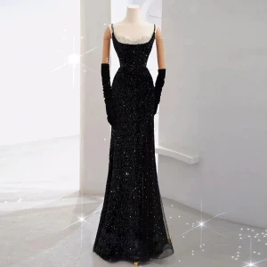 Sexy Noire Perlage Perle Paillettes Robe De Soirée 2023 Trompette Sirène Bretelles Spaghetti Sans Manches Dos Nu Longue Soirée Robe De Ceremonie
