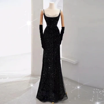 Sexy Schwarz Perlenstickerei Perle Pailletten Abendkleider 2023 Meerjungfrau Spaghettiträger Ärmellos Rückenfreies Lange Abend Festliche Kleider