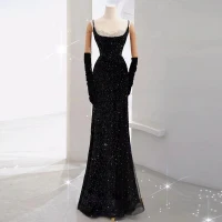 Sexy Negro Rebordear Perla Lentejuelas Vestidos de noche 2023 Trumpet / Mermaid Spaghetti Straps Sin Mangas Sin Espalda Largos Noche Vestidos Formales