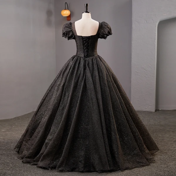 Vintage / Retro Black Rhinestone Sequins Lace Flower Prom Dresses 2023 Ball Gown Square Neckline Puffy Short Sleeve Backless Floor-Length / Long Prom Formal Dresses