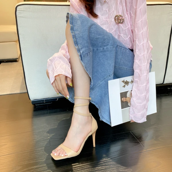 Sexy Summer Black Street Wear Womens Sandals 2022 Ankle Strap 9 cm Stiletto Heels Open / Peep Toe Sandals High Heels