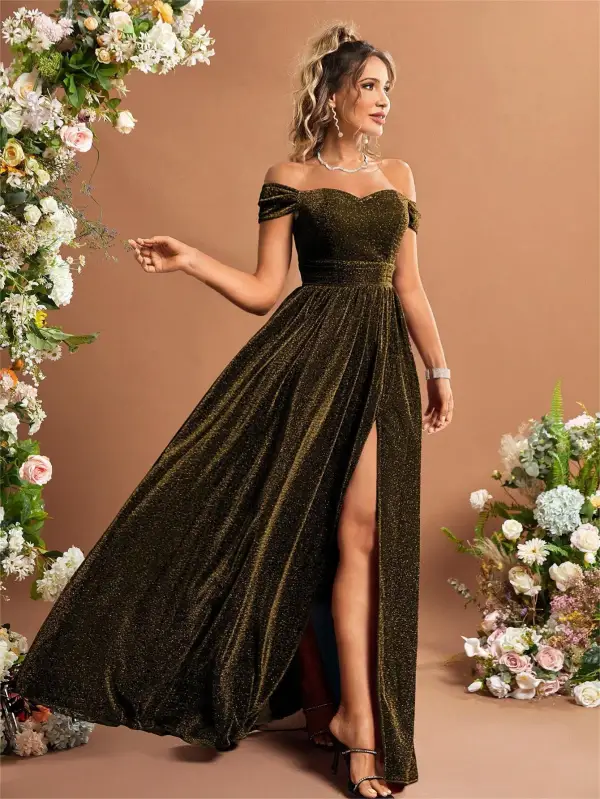 Elegant Green Glitter Split Front Prom Dresses 2025 A-Line / Princess Off-The-Shoulder Sleeveless Backless Floor-Length / Long Prom Formal Dresses