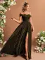 Elegant Green Glitter Split Front Prom Dresses 2025 A-Line / Princess Off-The-Shoulder Sleeveless Backless Floor-Length / Long Prom Formal Dresses