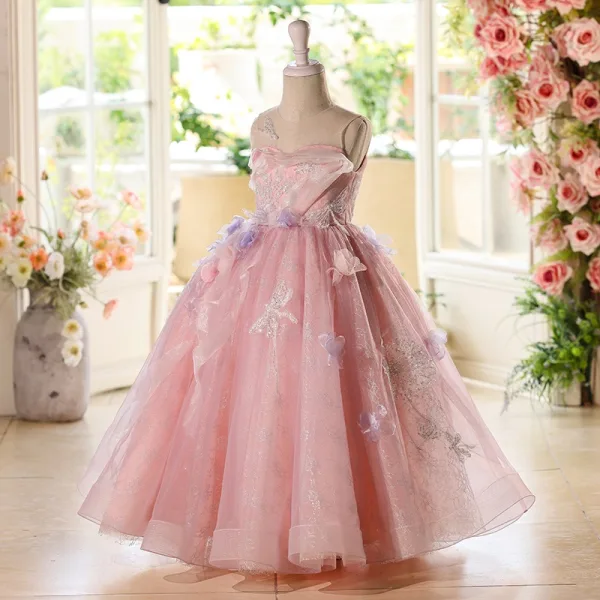 Chic / Beautiful Blushing Pink Appliques Lace Flower Birthday Flower Girl Dresses 2025 Ball Gown Scoop Neck Sleeveless Backless Floor-Length / Long