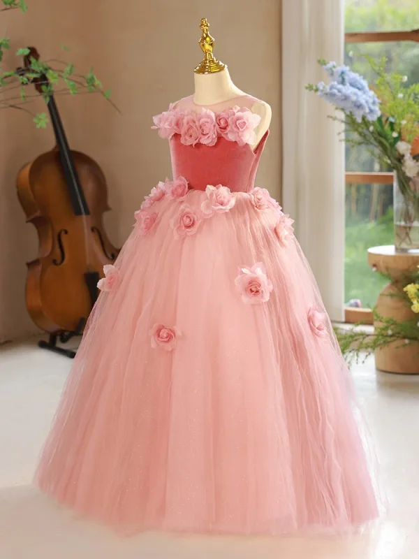 Elegant Blushing Pink Appliques Flower Girl Dresses 2024 Ball Gown Scoop Neck Flower Girl Dresses Backless Floor-Length / Long Birthday Sleeveless