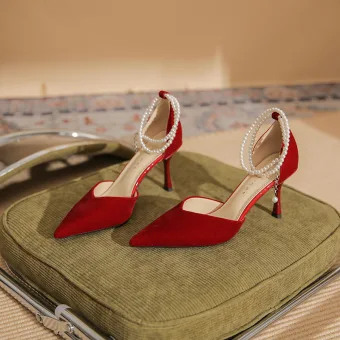Fashion Red Prom Womens Sandals 2023 Pearl Ankle Strap 8 Cm Stiletto Heels Pointed Toe Sandals High Heels