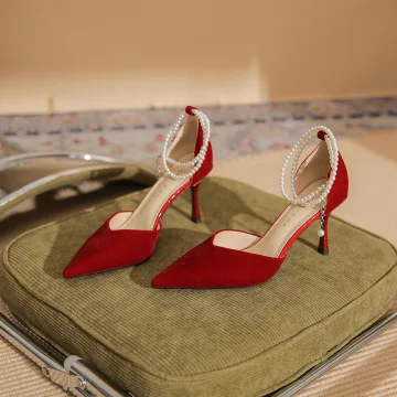Mode Rode Gala Sandalen Dames 2023 Parel Enkelband 8 Cm Naaldhakken Stiletto Spitse Neus Sandalen Hoge Hakken
