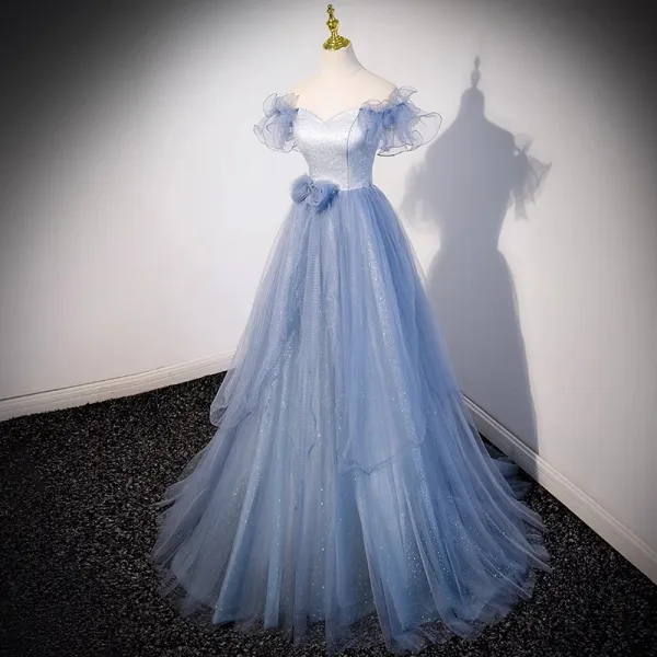 Schöne Himmelblau Pailletten Strass Ballkleider 2023 A Linie Off Shoulder Ärmellos Rückenfreies Schleife Lange Festliche Kleider
