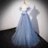 Chic / Beautiful Sky Blue Sequins Rhinestone Prom Dresses 2023 A-Line / Princess Off-The-Shoulder Sleeveless Backless Bow Floor-Length / Long Formal Dresses