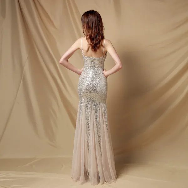 Scintillantes Blanche Paillettes Robe De Soirée 2024 Trompette / Sirène Bretelles Spaghetti Sans Manches Dos Nu Longue Soirée Robe De Ceremonie
