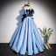 Elegant Pool Blue Satin Prom Dresses 2022 A-Line / Princess Strapless Sleeveless Backless Bow Pearl Sequins Floor-Length / Long Formal Dresses