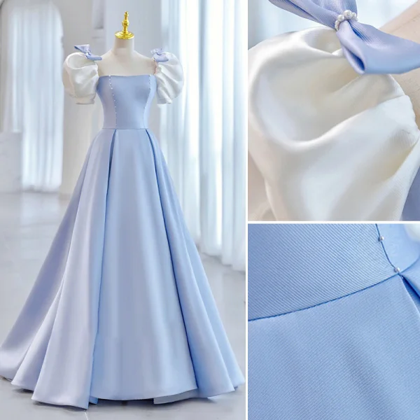 Elegant Sky Blue Pearl Prom Dresses Prom Dresses 2023 A-Line / Princess Square Neckline Puffy Short Sleeve Bow Backless Floor-Length / Long Prom Formal Dresses